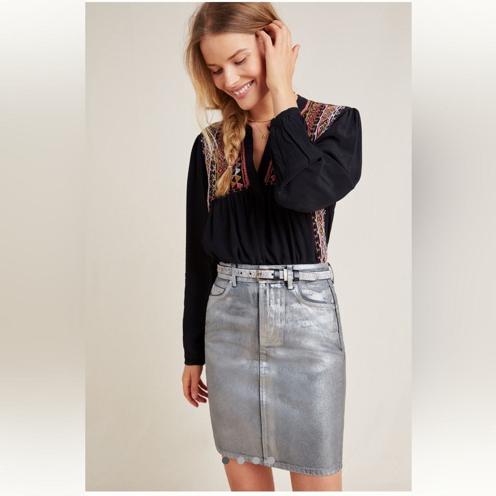 Anthropologie x PILCRO Metallic Silver Denim Mini Skirt Size 6 New With Tags